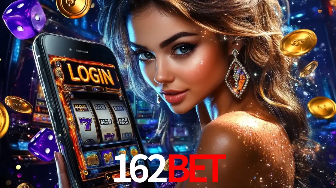 Mulher glamorosa segurando um smartphone com a tela de login para os jogos de caça-níqueis do cassino online 162BET, com moedas de ouro e dados ao redor.