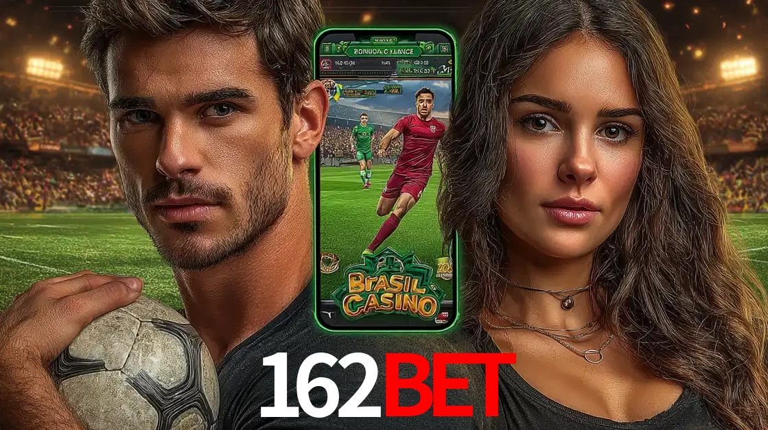 Homem segurando uma bola de futebol e uma mulher ao lado de um smartphone exibindo o jogo de apostas esportivas da 162BET. Faça seu palpite no cassino online.
